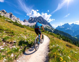 Fototapeta premium Mountain bikers enjoying a scenic route through vibrant wildflowers during a sunny day in the Alps