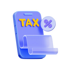3D icon of a smartphone with a percentage coin and receipt For mobile tax filing, digital VAT receipt, e-tax payment, online financial statement.