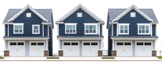 Three Modern Duplex Houses Against Transparent Background Featuring Blue Siding White Garage Doors and Architectural Details