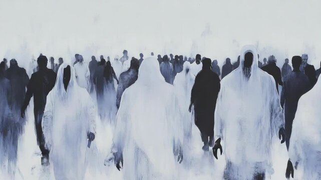 A ghostly crowd of silhouetted figures moving through a misty landscape.