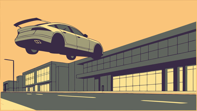 Sleek Sports Car Levitation Above Cityscape Building.