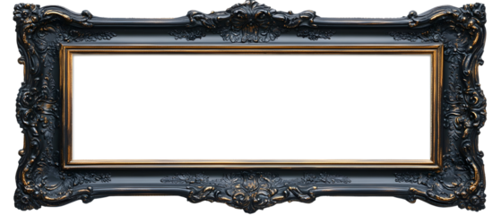 Ornate Black And Gold Picture Frame With Intricate Detailing Against Transparent Background