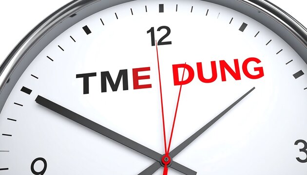 Close-up of a wall clock with the word "TMEDUNG" displayed