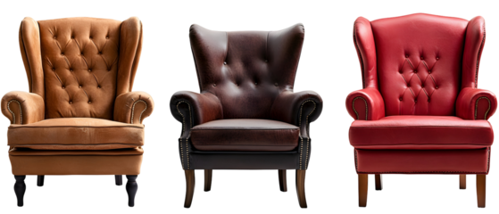 Three Wingback Chairs Displayed Each Featuring Different Color Leather Upholstery with Detailed Buttoned Backs in Front of a Transparent Background