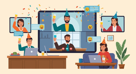 Illustration of a virtual celebration party with people connecting via video call platforms