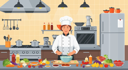 A professional female chef preparing a delicious meal in a modern kitchen environment