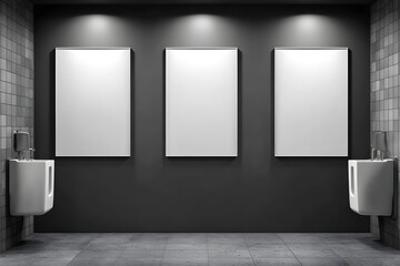 Group of blank white advertising posters hanging on the wall by the urinals in the mens toilet