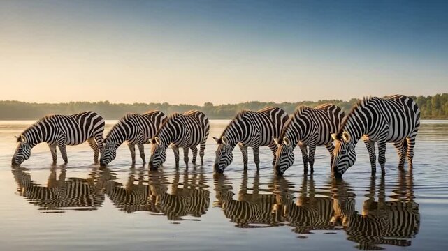 Peaceful scene of a zebra herd drinking in unison from a calm watering hole, their stripes reflected in the water at sunset.