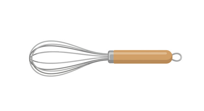 Close-up vector illustration of a kitchen whisk with a wooden handle isolated on white background