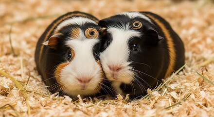 Adorable Guinea Pigs Cuddled Together in a Cozy Bed of Wood Shavings Looking at Camera