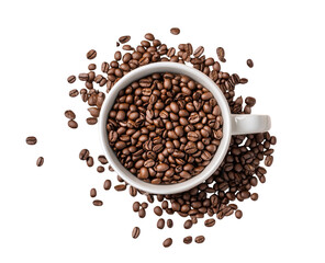 Obraz premium Aromatic coffee beans in white cup offering rich flavor and energy for morning wake up and afternoon boost