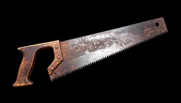 An antique hand saw with a worn, rusty blade and wooden handle