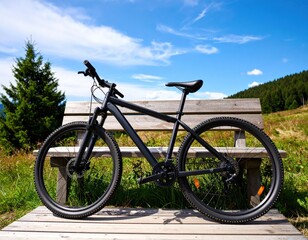 Mountain bike resting on a wooden path surrounded by greenery on a sunny day