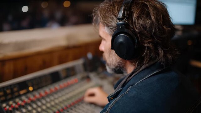 A dedicated sound engineer fine-tuning audio settings on a mixing console while wearing headphones, capturing intricate sound details for an upcoming live performance.