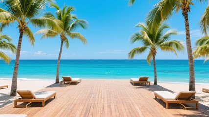 Tropical Beach with Wooden Deck and Lounge Chairs