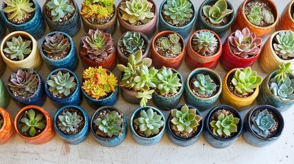 Fototapeta premium Colorful Succulents in Ceramic Pots A Top View Arrangement