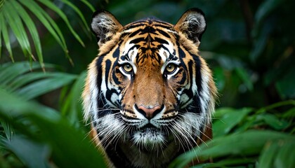 Close-up of a tiger in jungle foliage