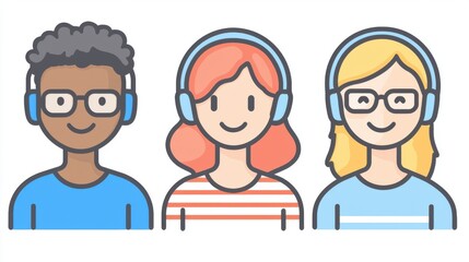 Obraz premium Pixel Art Illustration of Diverse Smiling People Wearing Headphones