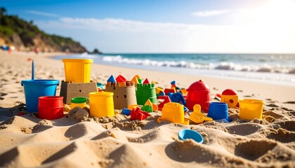 Colorful plastic sand toys on a sunny beach