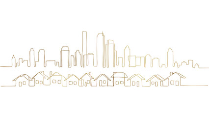 Fototapeta premium Golden Cityscape and Suburban Outline on Transparent Background Urban and Residential Art