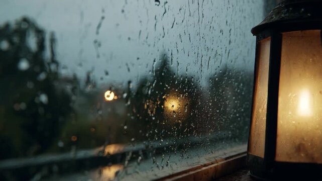 A serene image of raindrops on a windowpane, paired with a warm lantern light, creating a cozy, reflective ambience that evokes feelings of comfort and introspection during rainfall. - Powered by Adobe