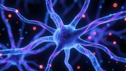 Neurons with vibrant dendrites and axons, depicted in a glowing blue and purple color scheme against a dark background.