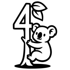 Koala hugging tree shaped like number 4 – fourth birthday wildlife celebration icon

