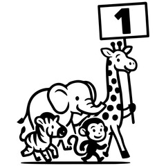Safari animal parade with number 1 banner – first birthday wildlife celebration icon
