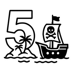 Pirate ship sailing past island shaped like number 5 – fifth birthday adventure party icon
