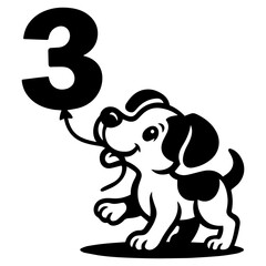Puppy tugging balloon shaped like number 3 – 3rd birthday celebration icon
