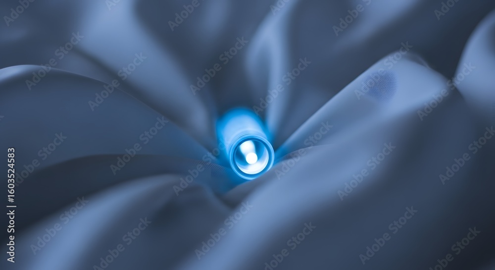 Poster close-up of illuminated light strip embedded within folded fabric. blue light emits from the center 