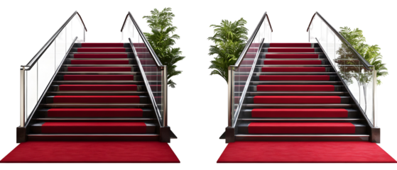 Interior View of Dual Staircases with Red Carpet and Decorative Greenery a Luxury Venue Entrance