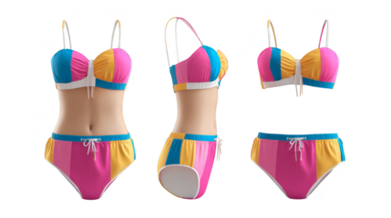 Vibrant summer fun, three colorful swimsuits for beach and poolside adventures.
