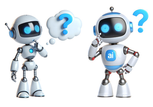 Friendly AI Robots Characters in Thinking with a question mark above its head Poses isolated on white background.png