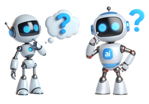Friendly AI Robots Characters in Thinking with a question mark above its head Poses isolated on white background.png - Powered by Adobe