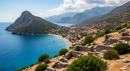 Picturesque Assos village in Kefalonia Greece with ancient ruins and azure sea