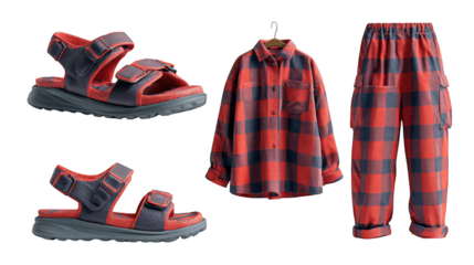 Stylish summer outfit, red and black plaid ensemble with comfortable sandals for a chic look.