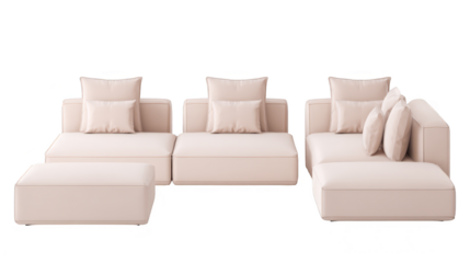 Set of four beige leather sofas with plush pillows, comfortable and elegant living room furniture.