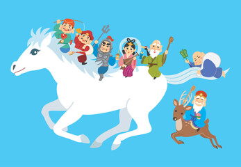 年賀状素材イラスト　午年　白馬　七福神