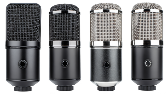 Four microphones on a dark background, ideal for podcasting, recording, broadcasting, and more.