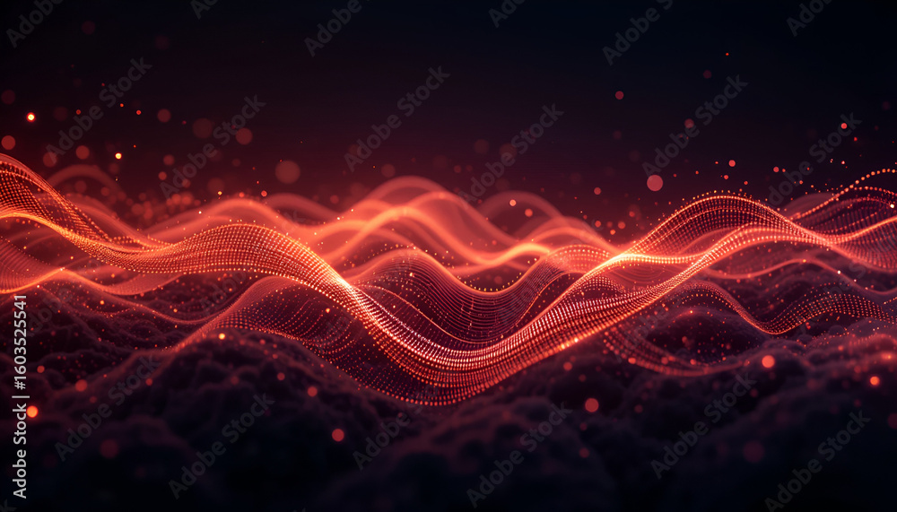 Poster dynamic abstract red waves flow with glowing particles for modern digital design concepts
