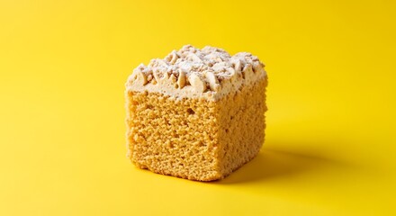 Delicious-looking sponge cake with cream and nuts on a vibrant yellow backdrop