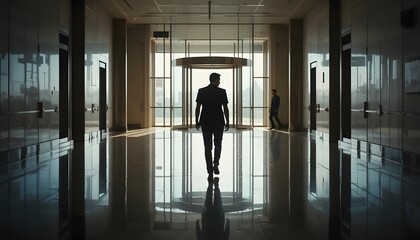 Business man walking in office building lobby corporate success leadership concept
