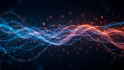 Dynamic abstract data flow visualization with glowing blue and orange particles, futuristic concept