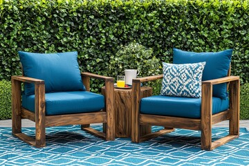 Fototapeta premium Outdoor seating set with two blue cushioned chairs and end table on geometric rug, wooden frame and green hedge backdrop