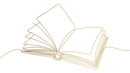 Open Book with Turning Pages in Golden Continuous Line Art on Transparent Vector