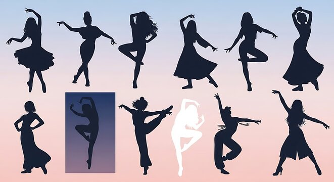 Diverse silhouettes of women dancing against a soft gradient background graphic vector