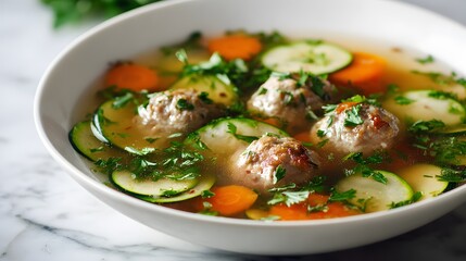 Close-up of steaming meatball soup with vibrant vegetables in white bowl.
