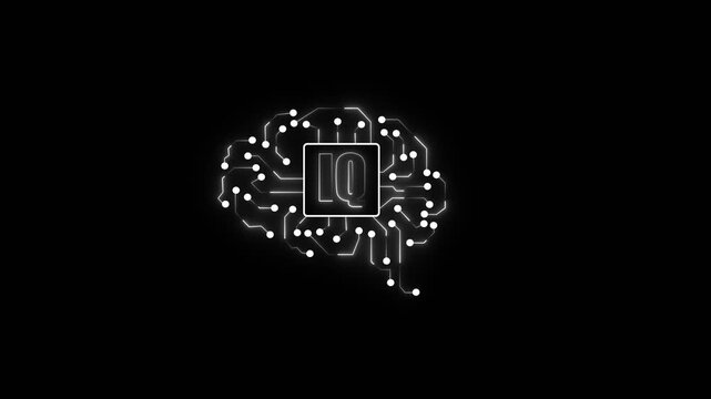 Digital brain with glowing circuit board pathways and iq symbol representing artificial intelligence and cognitive processing