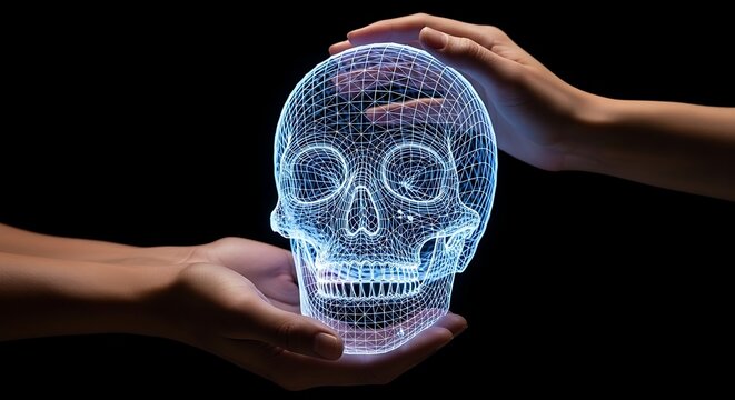 A captivating close-up of a digitally rendered human skull, cradled and examined by hands, evoking themes of science and mortality.  - Powered by Adobe